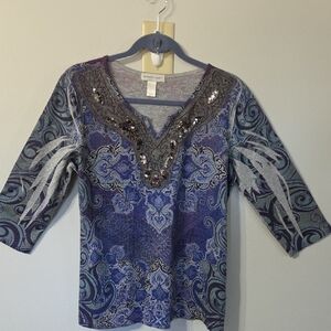 Embellished Blue and Gray Women's Tunic With 3/4 Sleeves